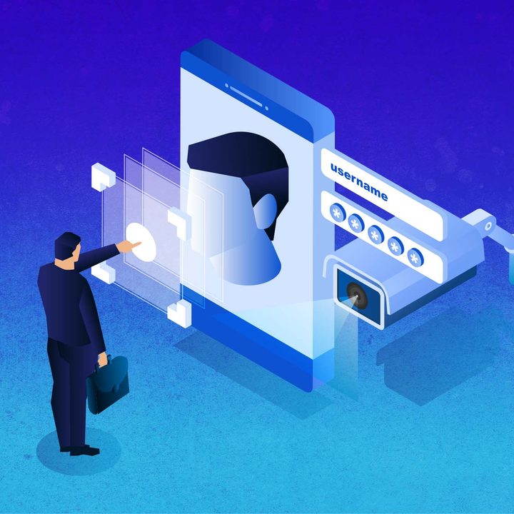 Digitally illustrated facial recognition software graphic.