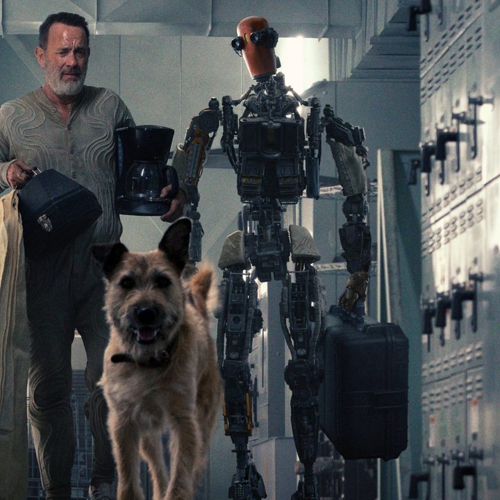 Tom Hanks, Jeff the robot, and a dog in a scene from Finch.