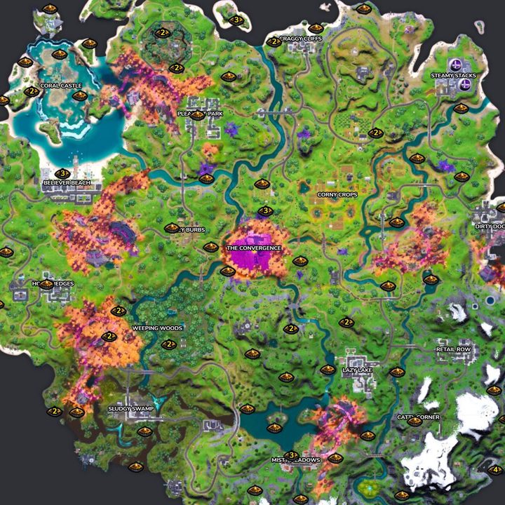 Map of campfires in Fortnite.
