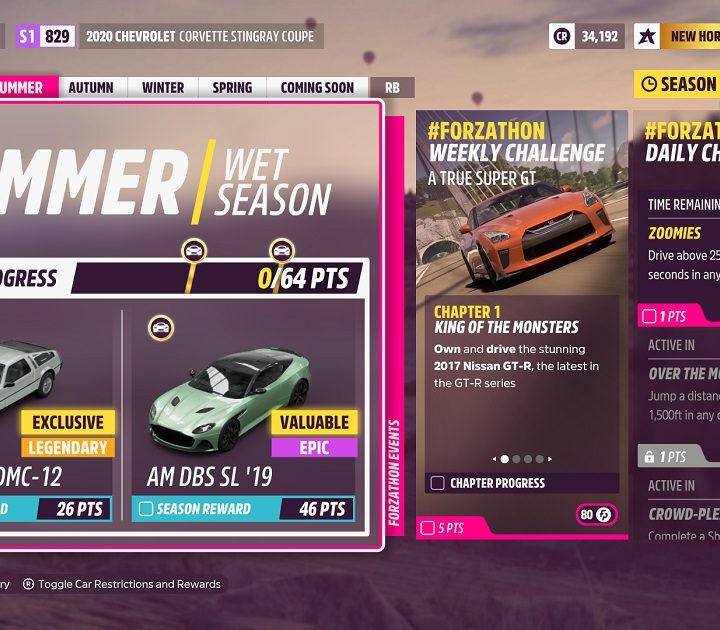 Forza Horizon 5 menu with season activities.