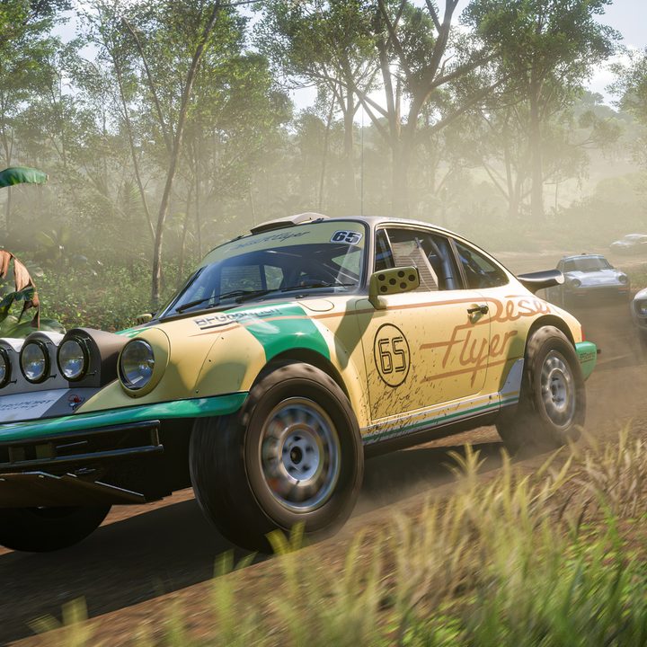 A car in the jungle in Forza Horizon 5.