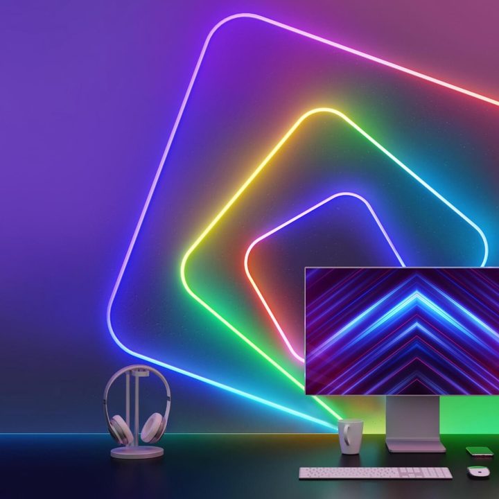 Govee's Neon Rope Lights arranged in a pattern behind a monitor.