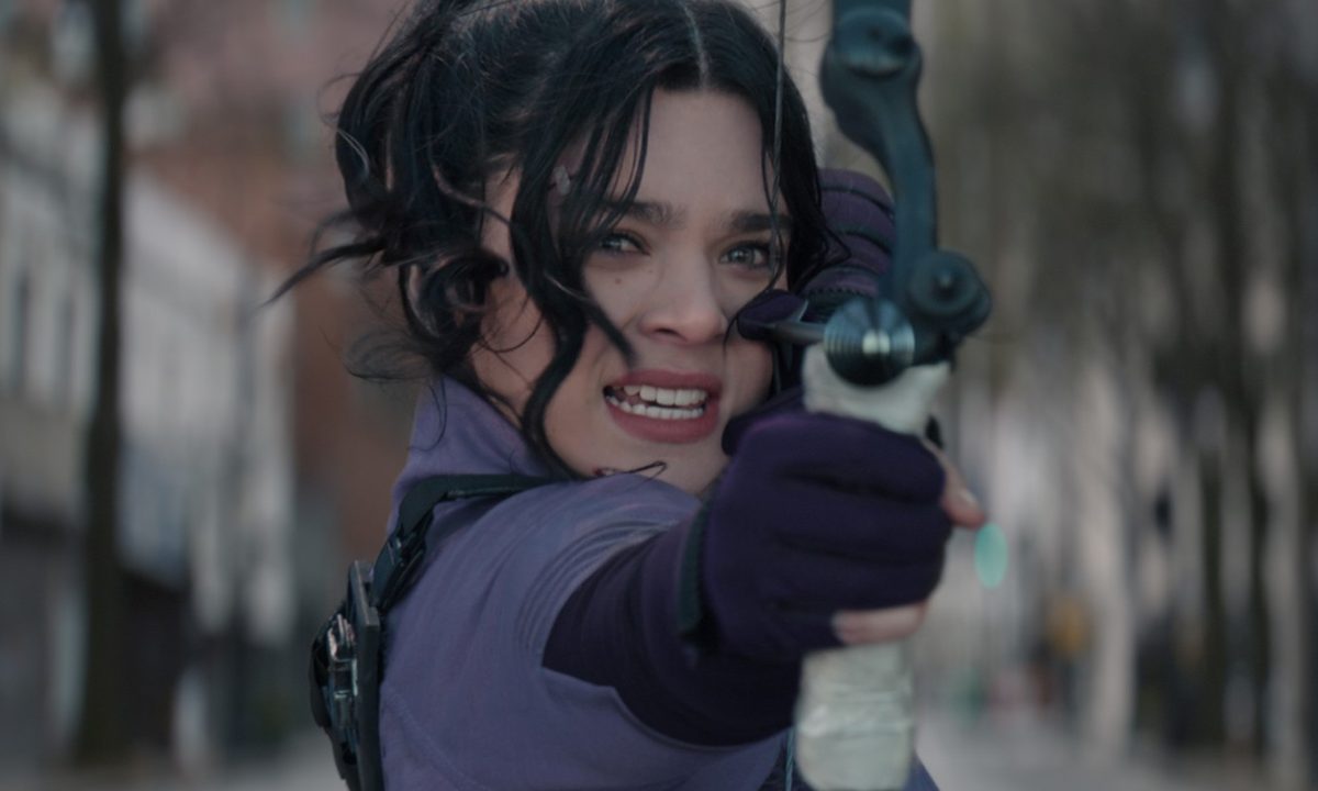 Hailee Steinfeld aims an arrow in a scene from Hawkeye.