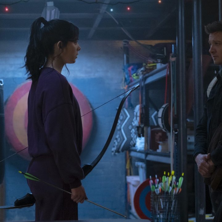 Hailee Steinfeld and Jeremy Renner in a scene from Hawkeye.