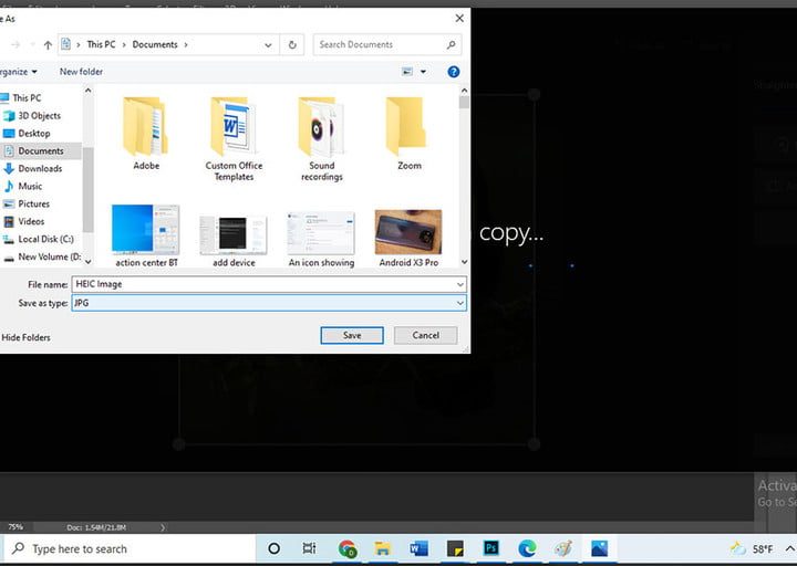 Screenshot of JPEG image being saved.