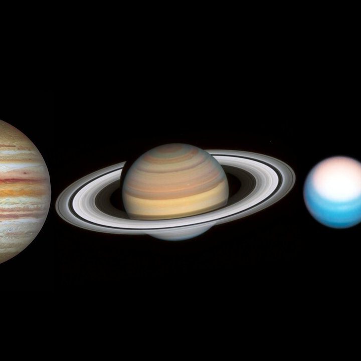 The NASA/ESA Hubble Space Telescope has completed its annual grand tour of the outer Solar System for 2021. This is the realm of the giant planets — Jupiter, Saturn, Uranus, and Neptune — extending as far as 30 times the distance between Earth and the Sun. Unlike the rocky terrestrial planets like Earth and Mars that huddle close to the Sun’s warmth, these far-flung worlds are mostly composed of chilly gaseous soups of hydrogen, helium, ammonia, and methane around a packed, intensely hot, compact core. Note: The planets are not shown to scale in this image.