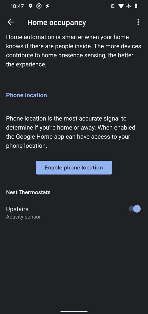 Google Home choosing occupancy settings.