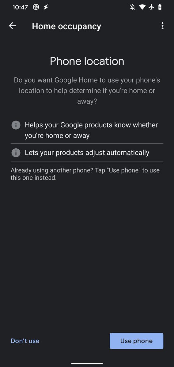 Google Home Phone location options.