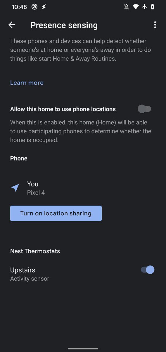 Google Home Occupancy presence sensing options.