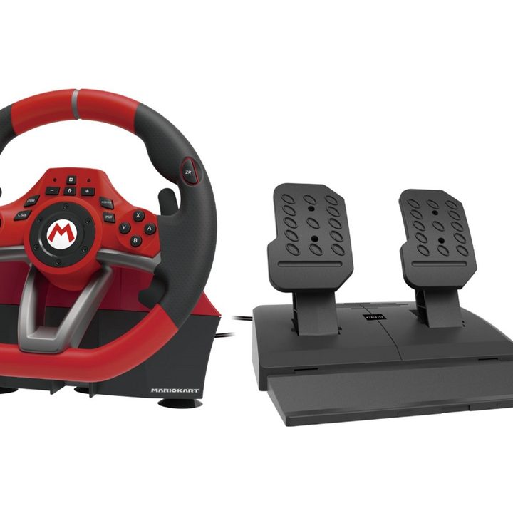 A racing wheel and paddles for the Nintendo Switch with a Mario Kart design by Hori.