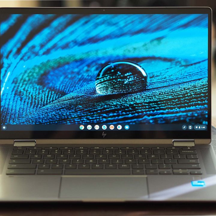 HP Chromebook x360 14c sitting on a desk.