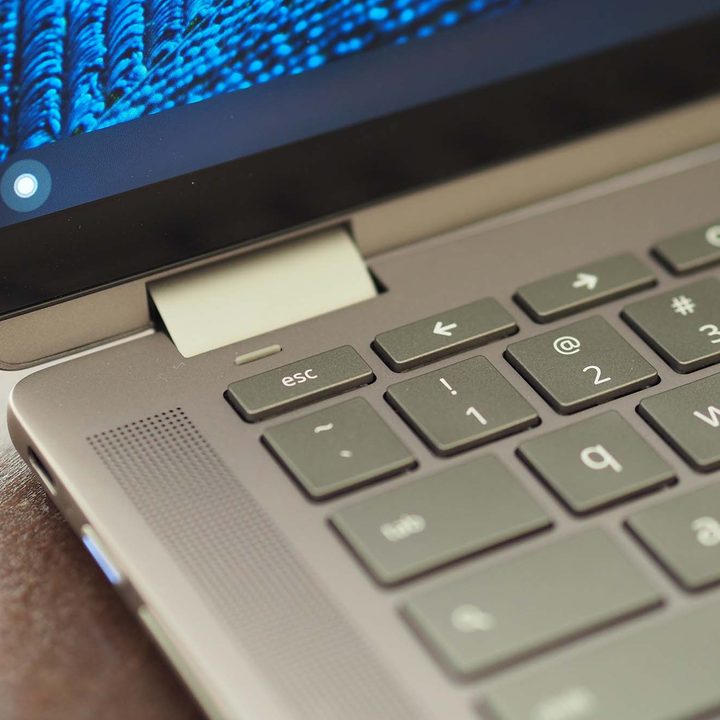 Closeup on the HP Chromebook x360 14c's speakers.