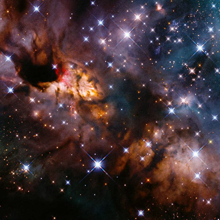 Hubble image of a small section of the Prawn Nebula in both visible and invisible infrared light, capturing dazzling detail of the nebula’s structure.