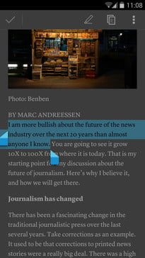 Screenshot of Instapaper on Google Android, showing dark view