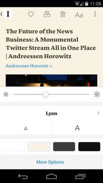 Screenshot of Instapaper on Google Android, showing display options