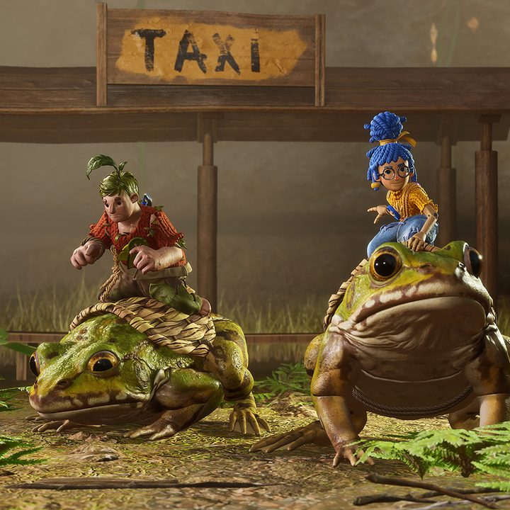 It Takes Two's main characters ride frog taxis.