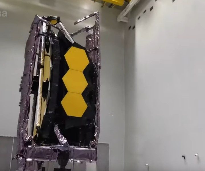 The James Webb Space Telescope is unboxed in the cleanroom at Europe’s Spaceport in French Guiana.