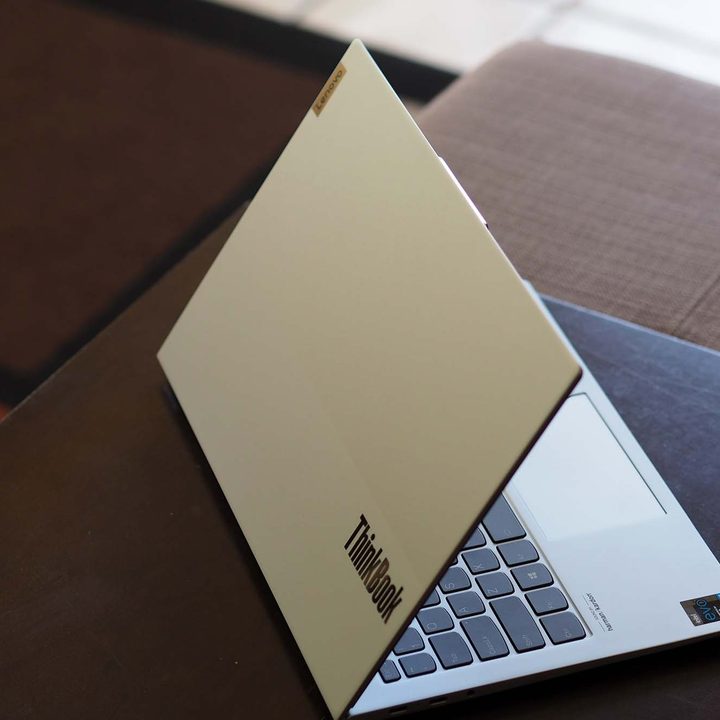 The Lenovo ThinkBook 13x angled backwards.