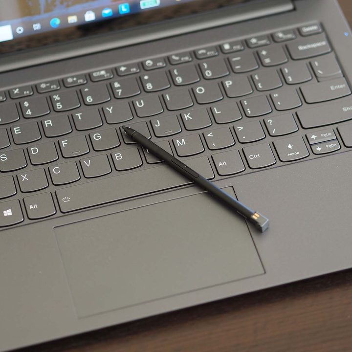 Closeup on the Lenovo ThinkBook Plus Gen 2's keyboard and stylus.