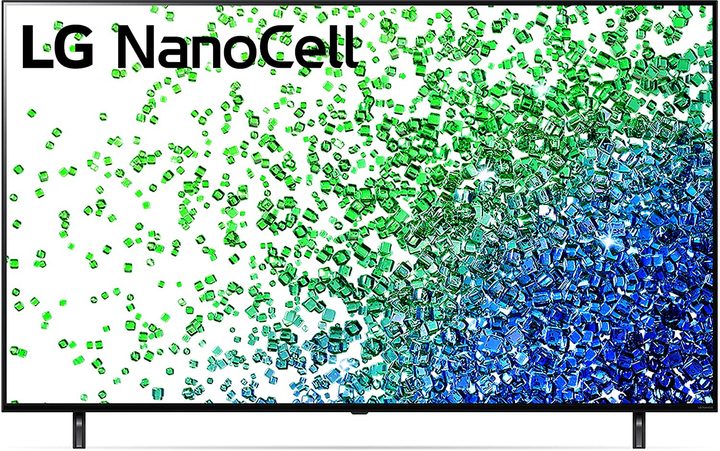 65-inch LG NanoCell 4K TV with green particle effects on it.