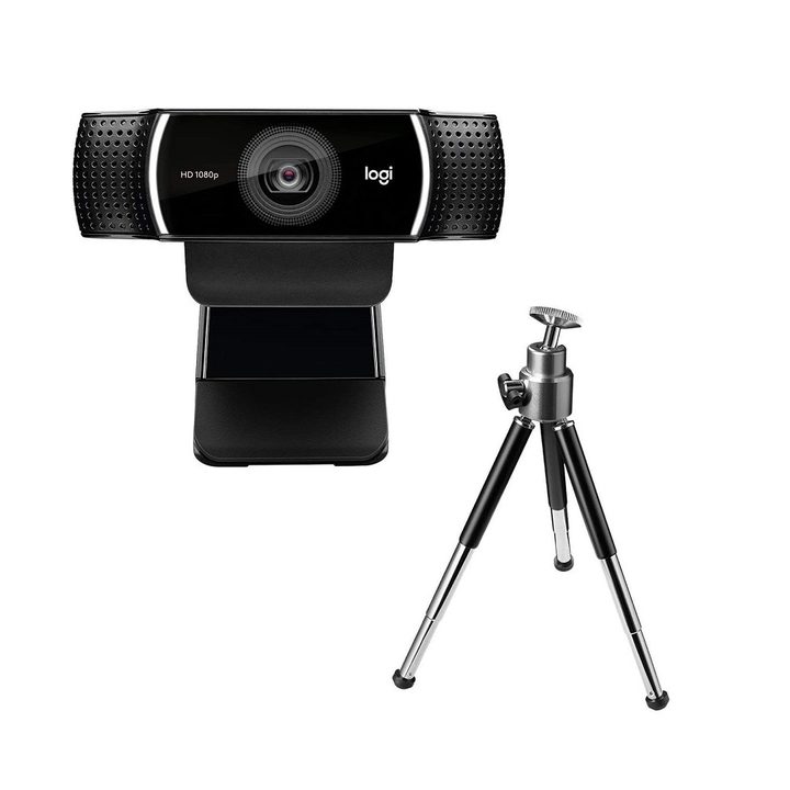 Front view of a Logitech C922 Pro Stream webcam and a tripod next to each other on a white background.