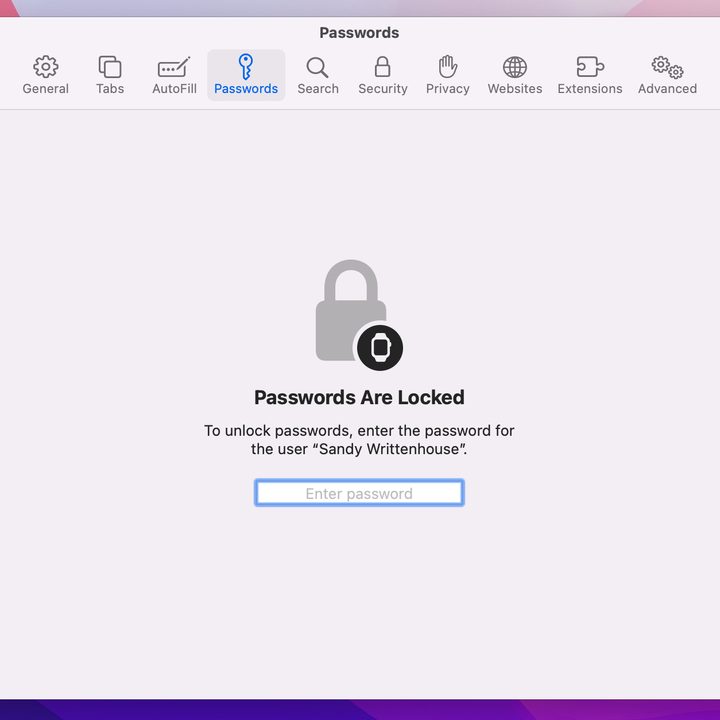 Passwords in Safari Preferences on Mac.