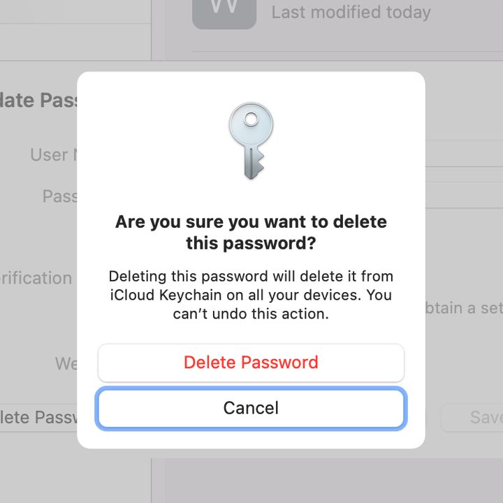 Password deletion confirmation screen on MacOS.