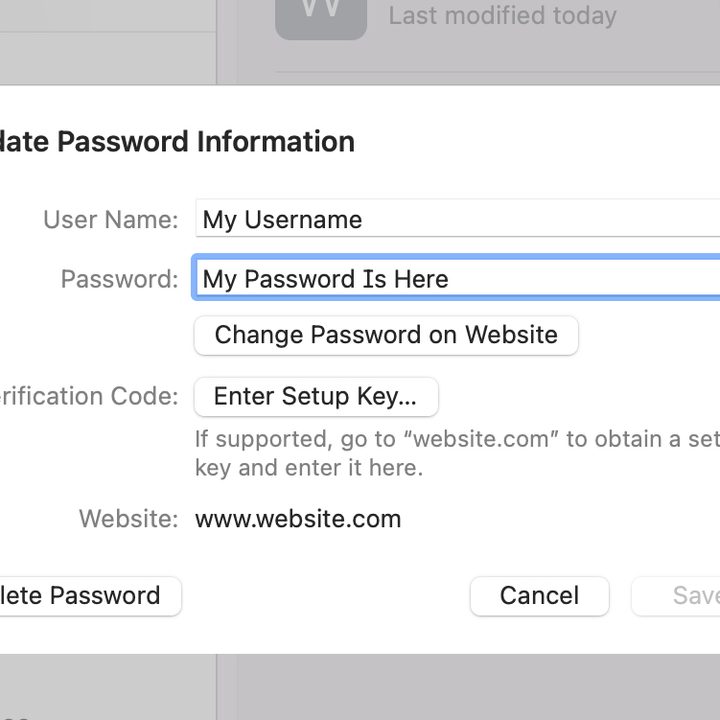 Update Password Information screen on MacOS.