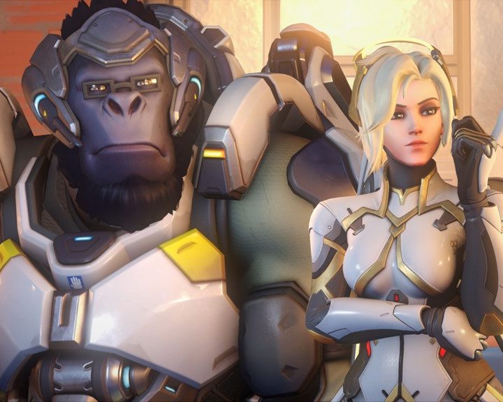 Mercy and Winston standing side by side