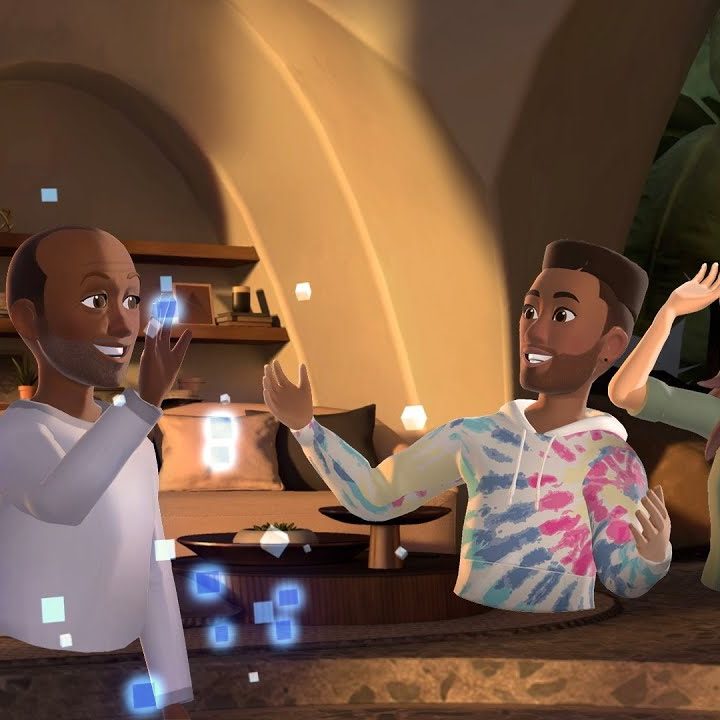 Four avatars from the Meta Horizon Worlds metaverse.