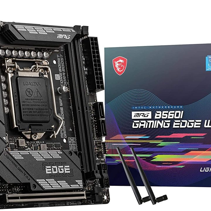 MSI MPG B560I Gaming Edge motherboard and box.