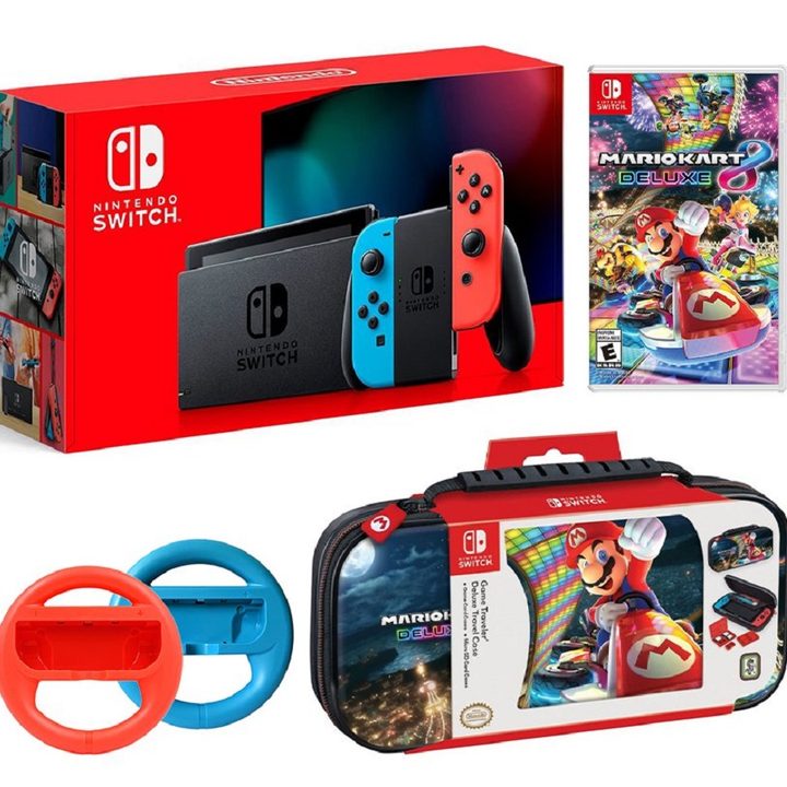 A Nintendo Switch bundle with a copy of Mario Kart 8 Deluxe, Joy-Con wheels, and a travel case.