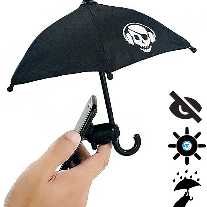 This phone stand holds an umbrella to keep your phone out of the sun and rain.