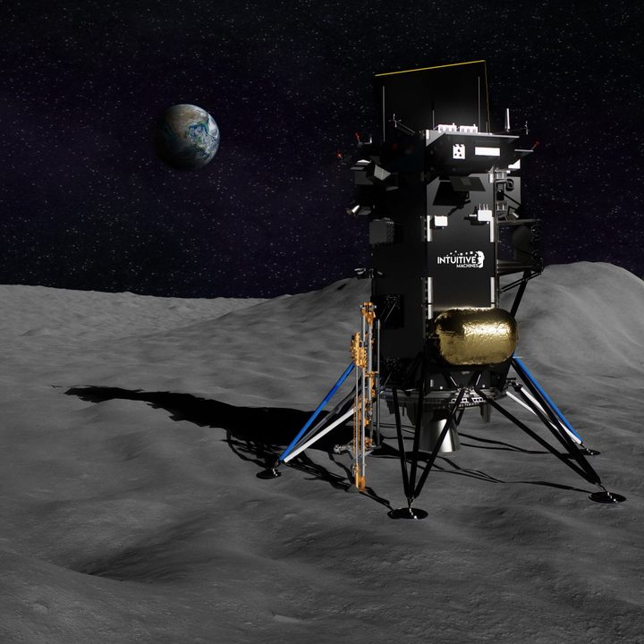 Intuitive Machines’ Nova-C lander with a depiction of NASA’s PRIME-1 attached to the spacecraft on the surface of the Moon.