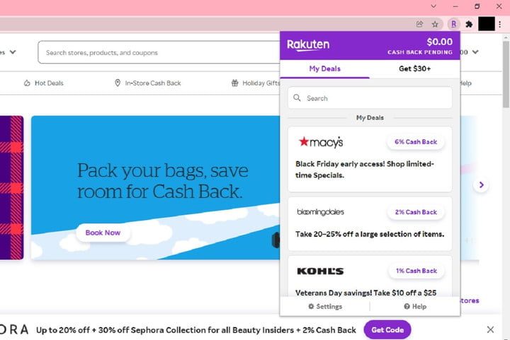 Rakuten browser extension screenshot showing extension in use.