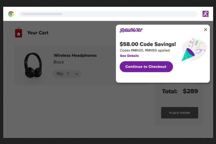 RetailMeNot browser extension screenshot from developer showing the extension in use.