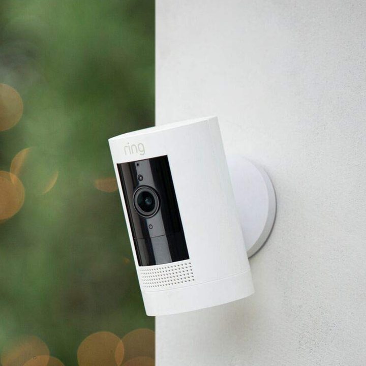 Ring Stick Up Camera HD Battery mounted on exterior wall.