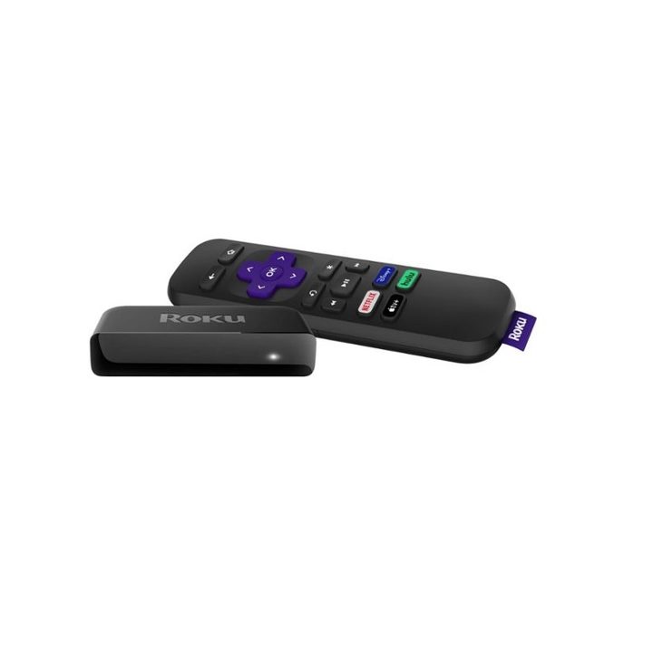 Roku Premier streaming device and remote on a white background.