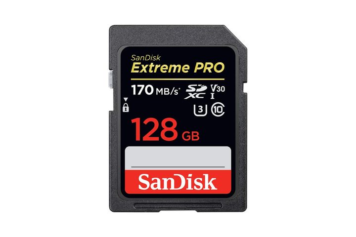 The 128GB version of the SanDisk Extreme Pro SD card, on a white background.