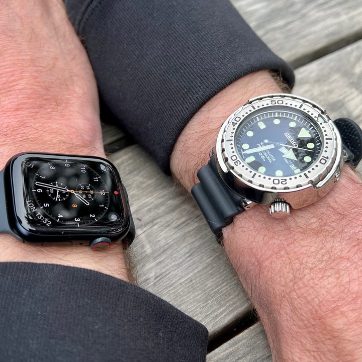 Seiko watch and Apple Watch.