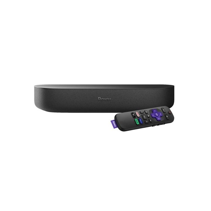 Roku Streambar and remote on a white background.