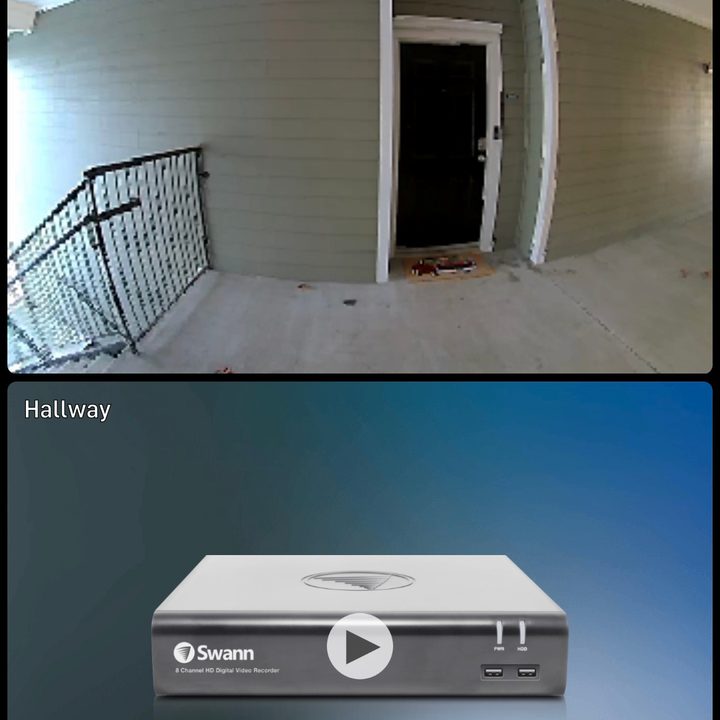 The Swann app shows a liveview of camera feeds.