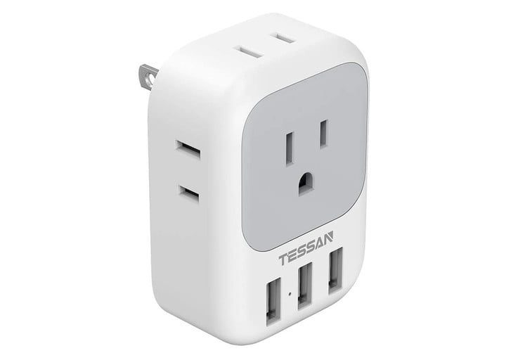 Tessan outlet extender featuring three USB ports, two prong version