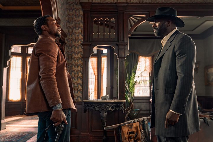 Jonathan Majors and Idris Elba in The Harder They Fall.