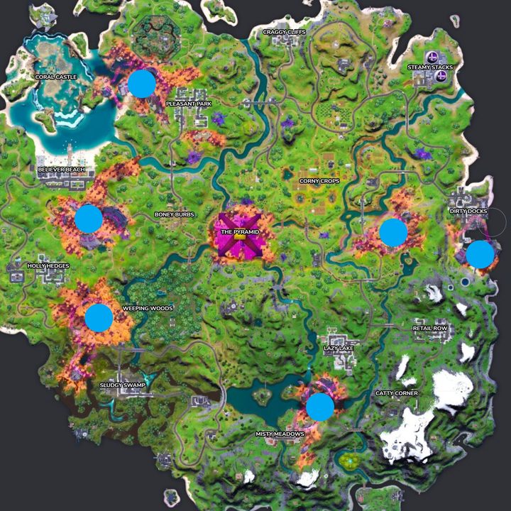 Map of UFO crash sites in Fortnite.