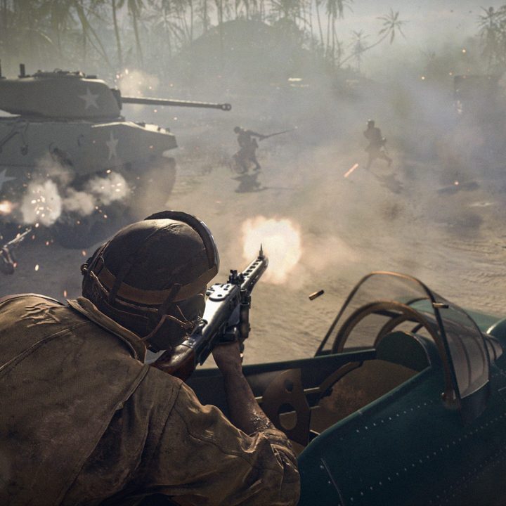 Soldier shooting from plane in Call of Duty: Vanguard.