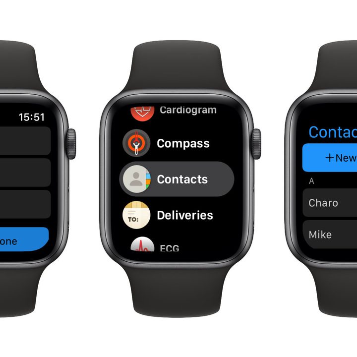 Three Apple watches showing new contacts app.