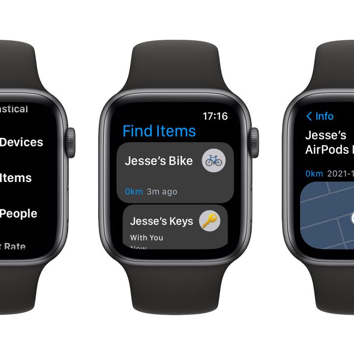 Three Apple Watches showing Find My Items and Find My Devices apps.
