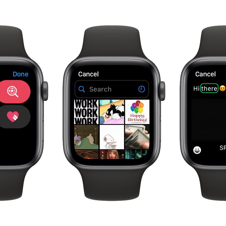 Three Apple Watches showing new messages features.