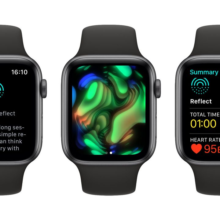 Three Apple Watches showing mindfulness app.